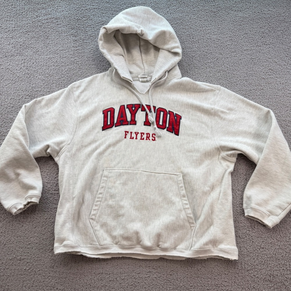 Champion Reverse Weave Dayton Flyers Hoodie Large Oatmeal Grey NCAA University